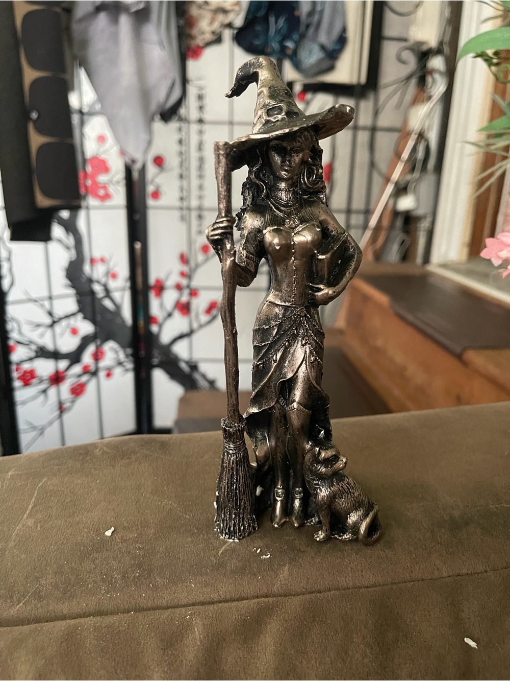 Bronze Witch Figurine with Broom and Cat - Decorative Home Art
